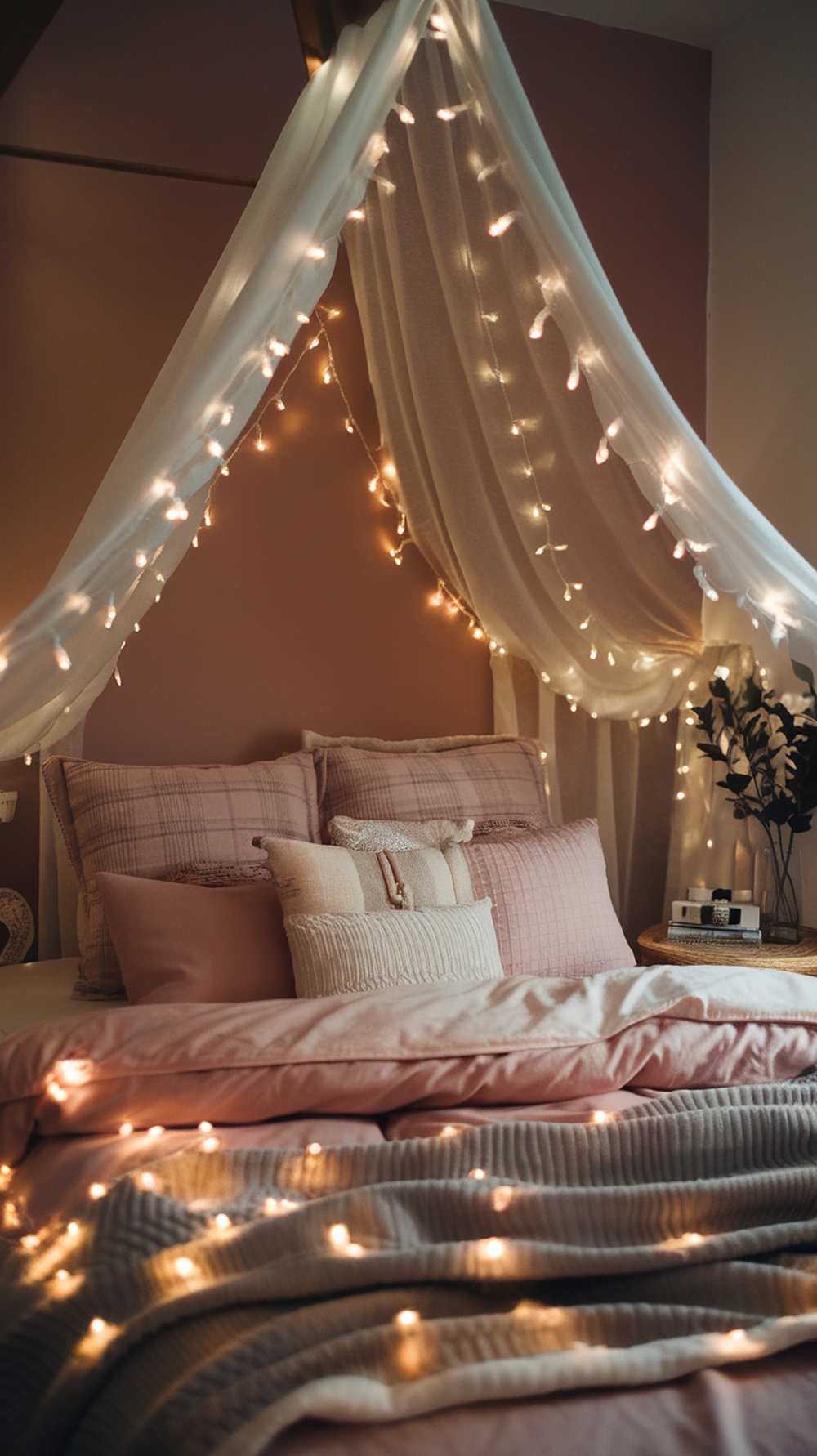 A cozy bedroom with fairy lights, soft pillows, and a warm color palette.