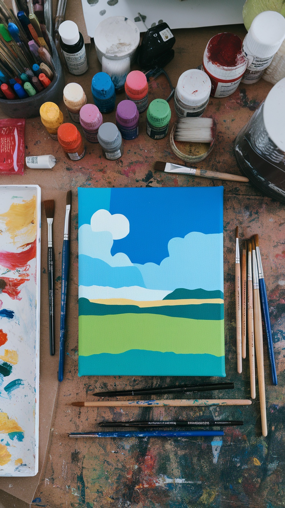 A colorful artist workspace with paints, brushes, and a canvas.