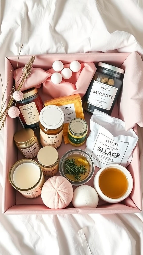 A cozy self-care kit filled with candles, bath products, skincare items, and herbal tea.
