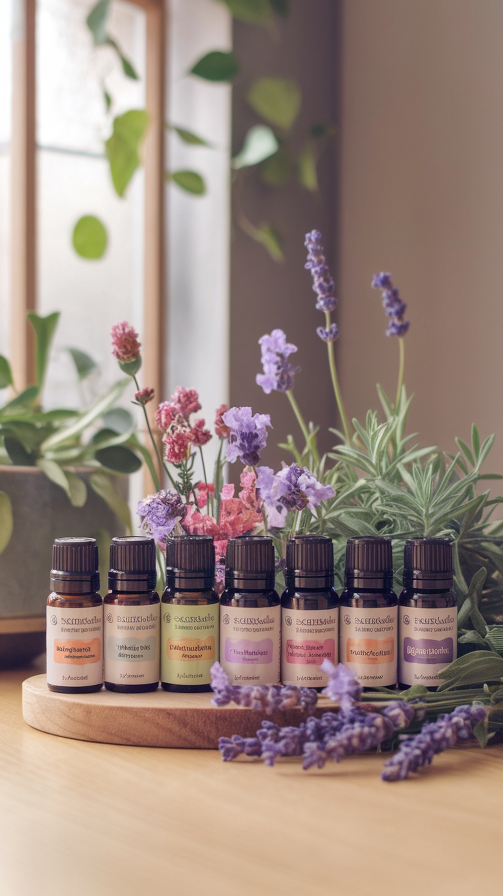12 Essential Self-Care Products for Your Hygiene Routine A collection of essential oils displayed with fresh flowers and greenery.