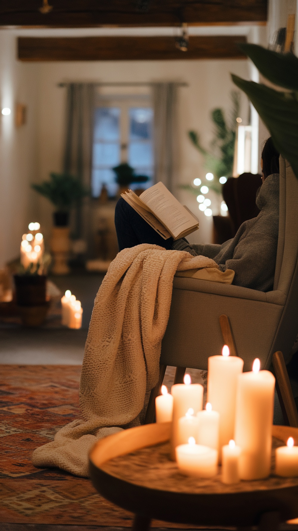 Cozy evening scene with candles and a person reading a book