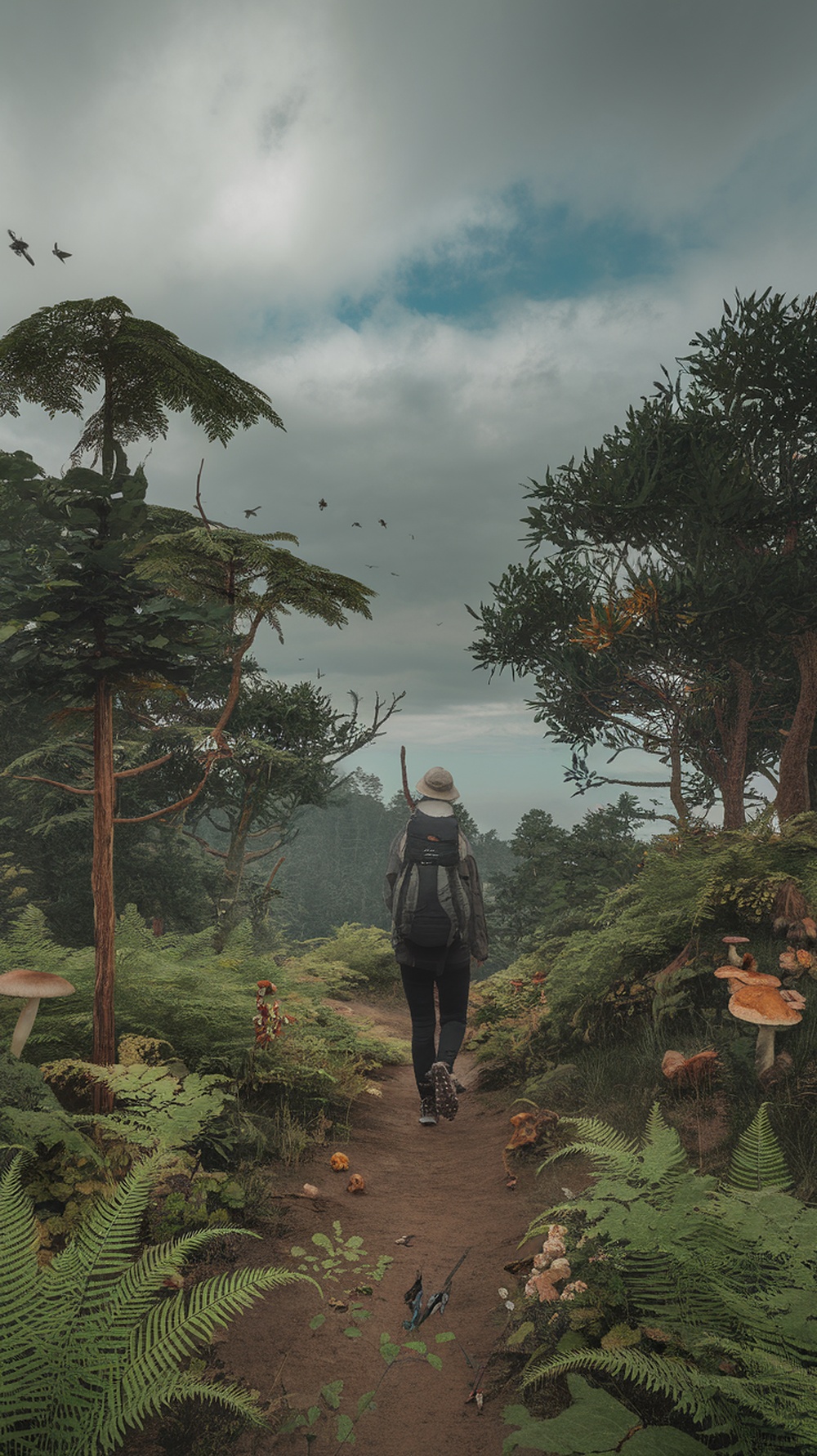 A person walking on a nature trail surrounded by lush greenery and trees