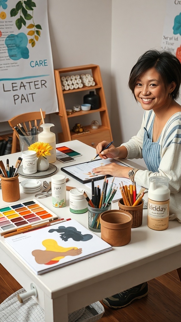 A smiling person engaged in creative activities at a well-organized art table with various art supplies.