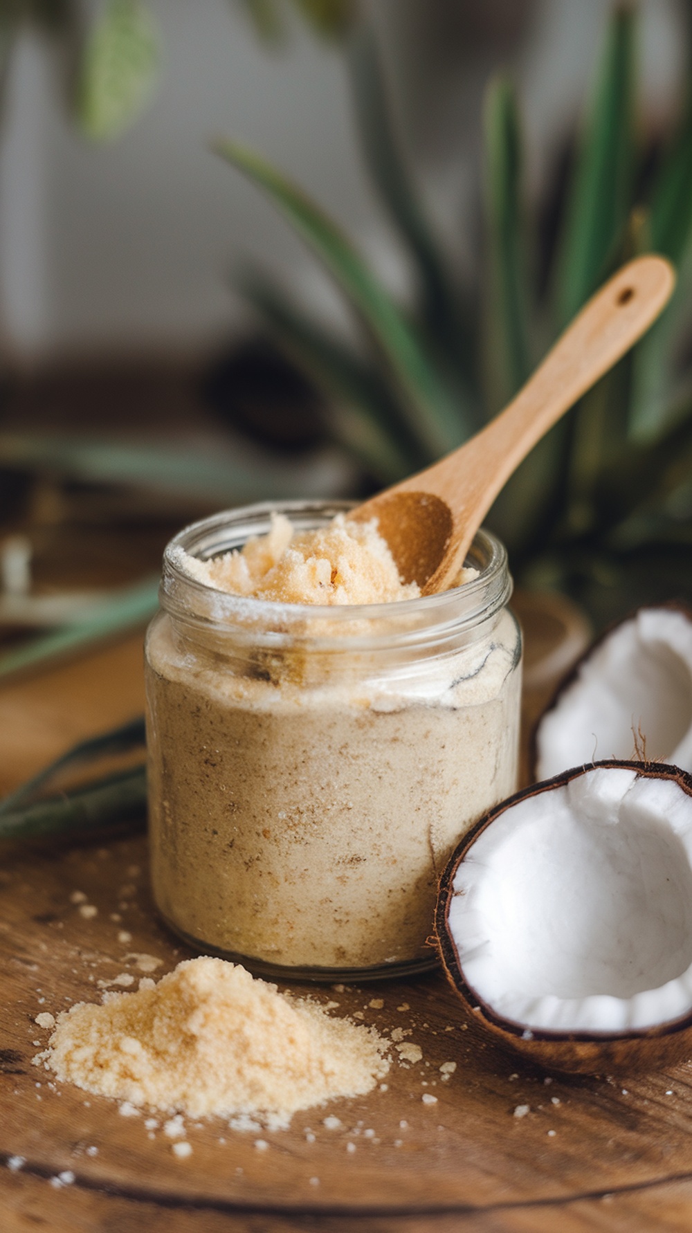 A jar of gentle exfoliating scrub with a wooden spoon and coconut shells