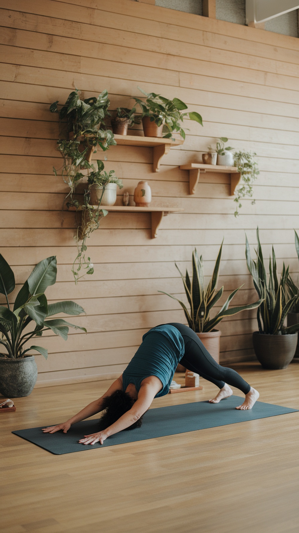 A person practicing gentle yoga in a serene indoor environment