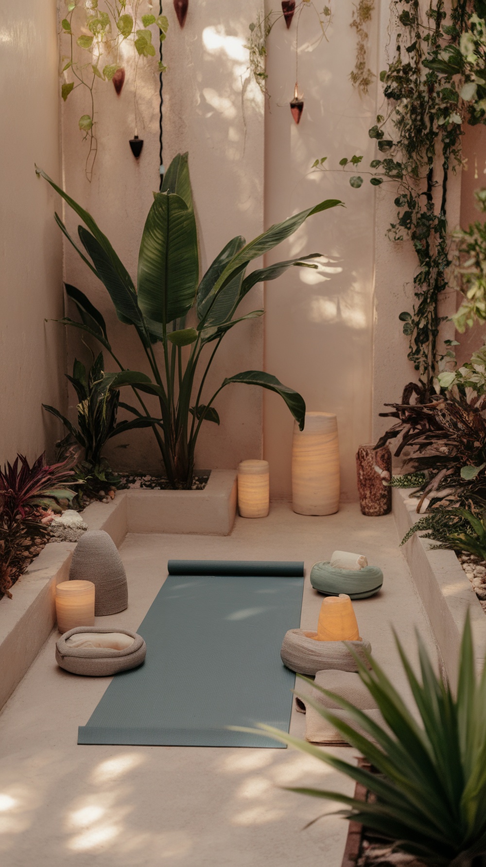 A serene yoga space with a mat, cushions, and soft lighting surrounded by plants.