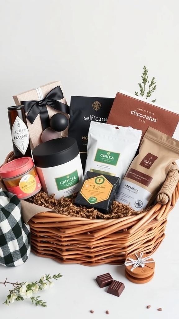 6 Essential Items for the Perfect Self-Care Birthday Basket A beautifully arranged birthday basket filled with gourmet treats and snacks.