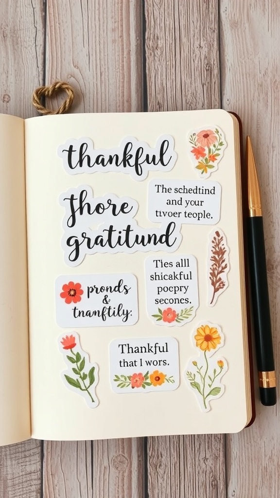 15 Must-Have Self Care Stickers for Daily Motivation Colorful gratitude journal stickers on a notebook page