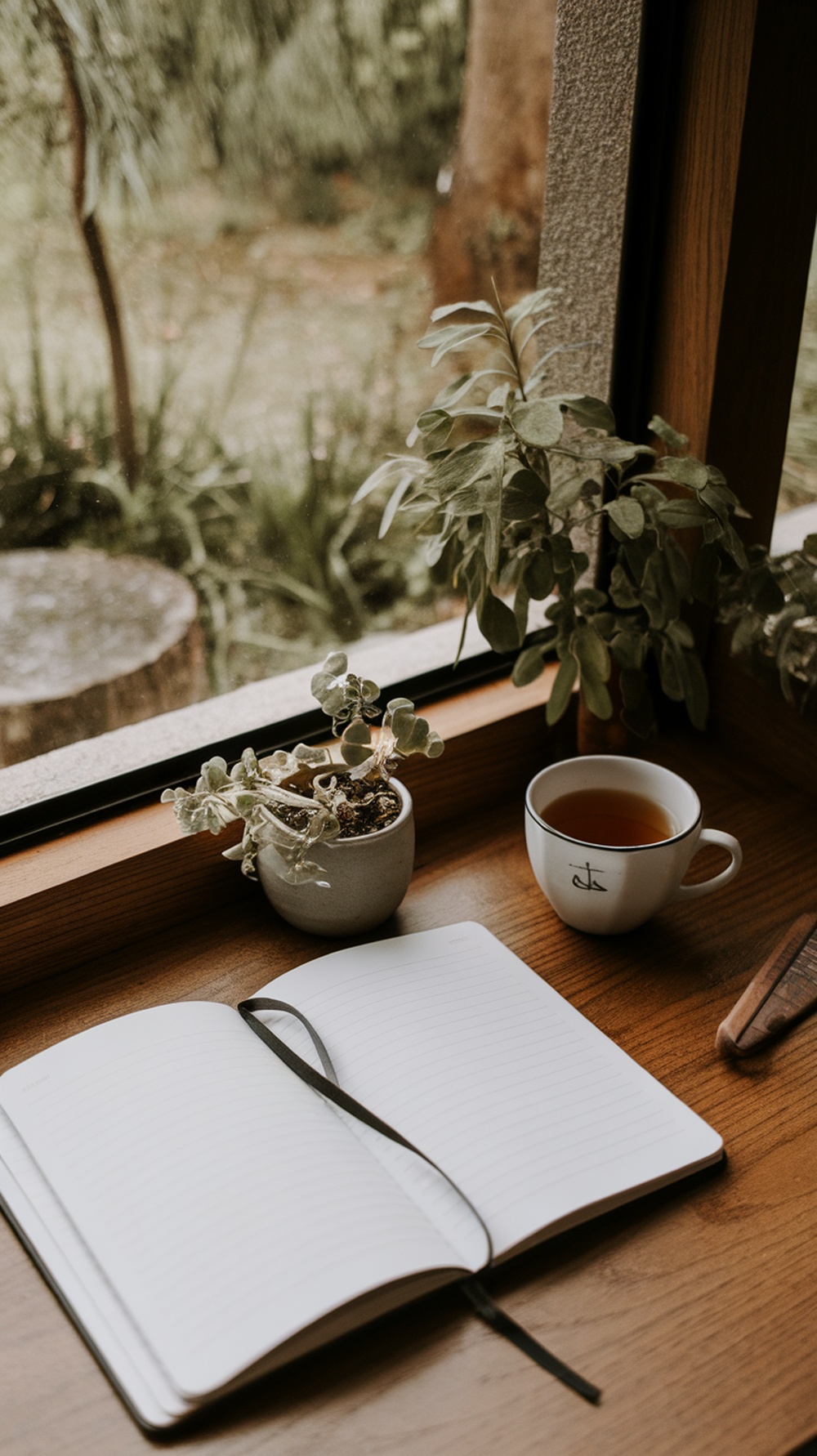A cozy setup for gratitude journaling with an open notebook, a cup of tea, and a small plant by the window.