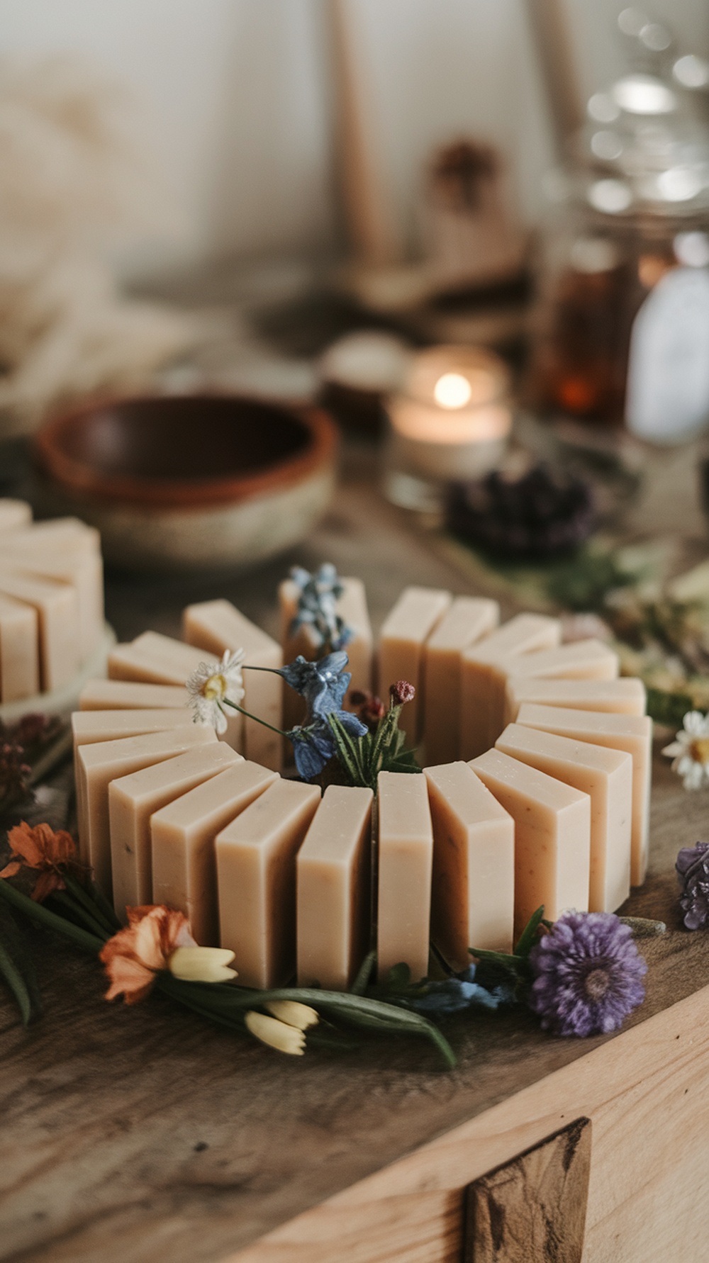 12 Essential Self-Care Products for Your Hygiene Routine A collection of handcrafted soaps arranged with flowers on a wooden surface