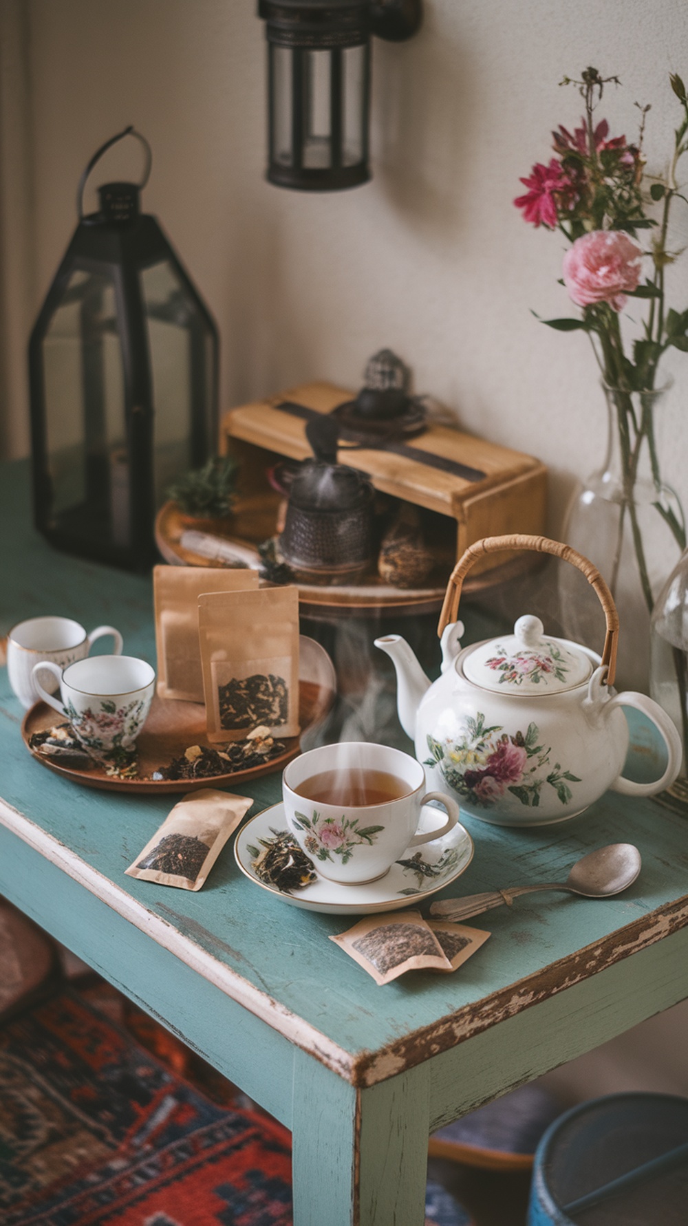 A cozy setting with a teapot, cups, and herbal tea bags on a wooden table.