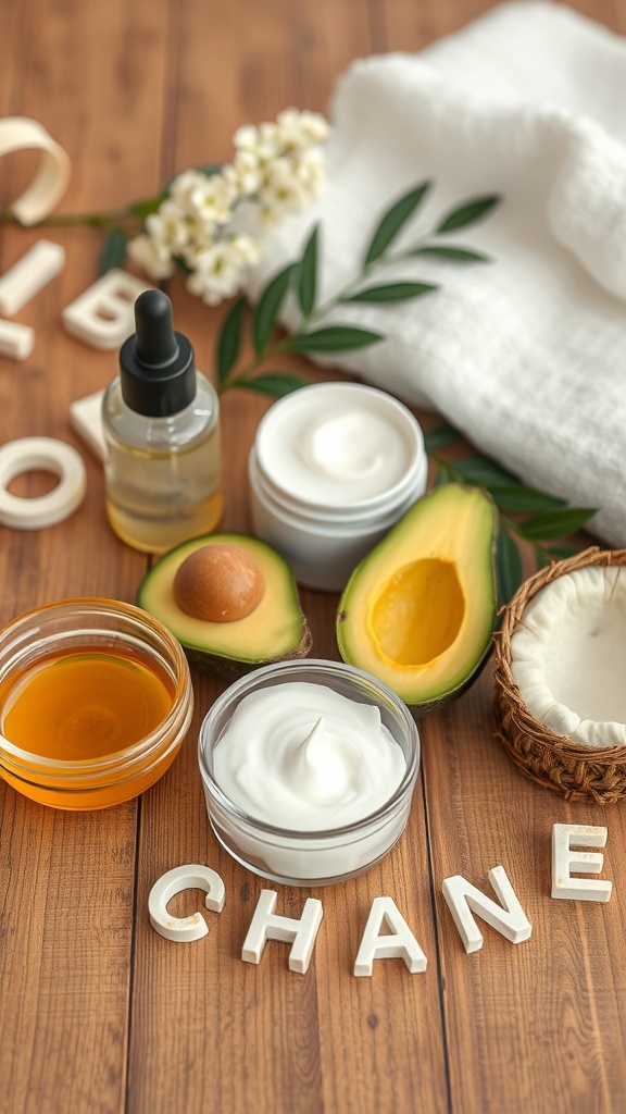 A variety of homemade skincare ingredients including avocado, honey, and creams on a wooden surface.
