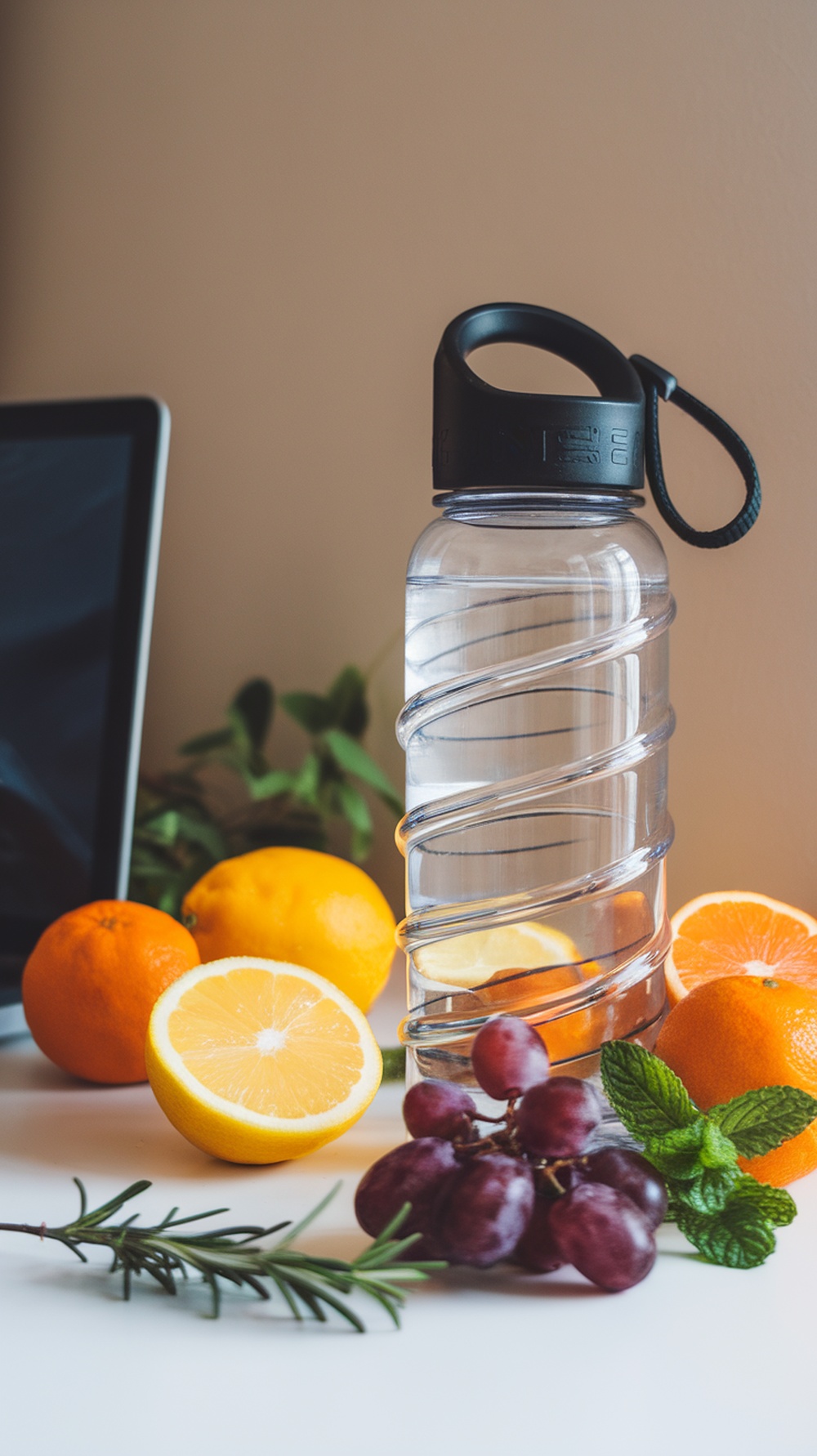 A clear water bottle surrounded by fresh fruits like lemons, oranges, and grapes, emphasizing hydration.