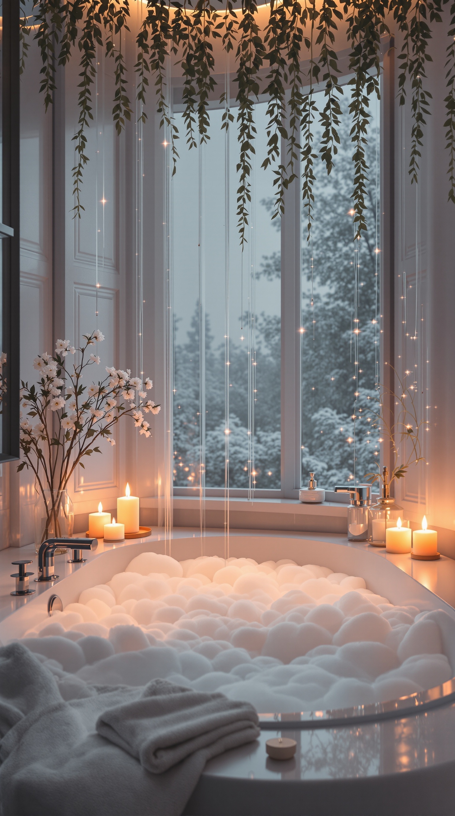 A serene bubble bath setup with candles, flowers, and a cozy atmosphere.