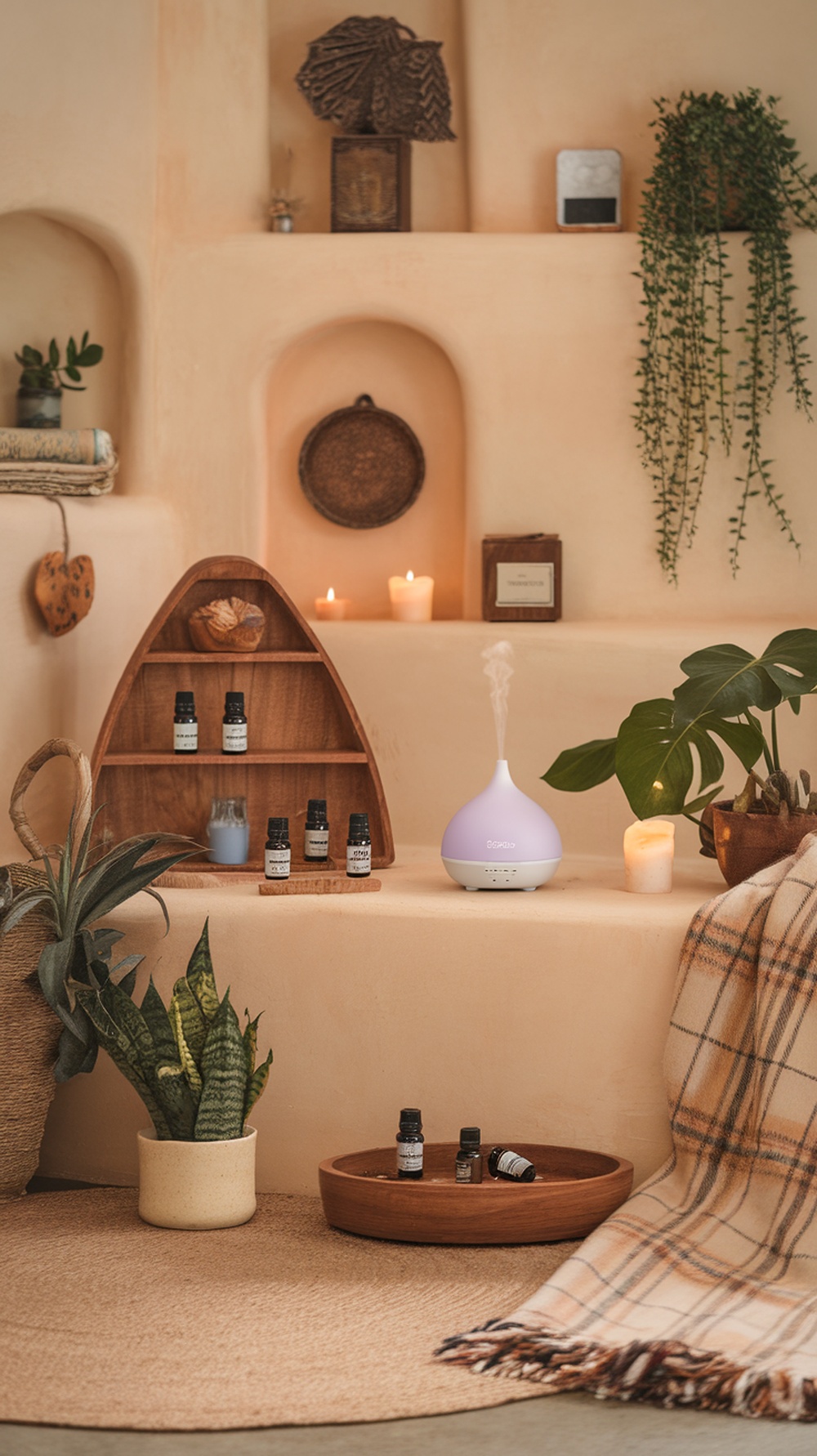 8 Ultimate Self Care Menu Ideas for a Relaxing Day A cozy space featuring essential oils, a diffuser, and a warm atmosphere.