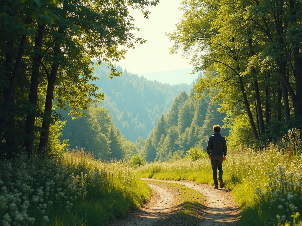 A person walking along a nature path surrounded by trees and greenery