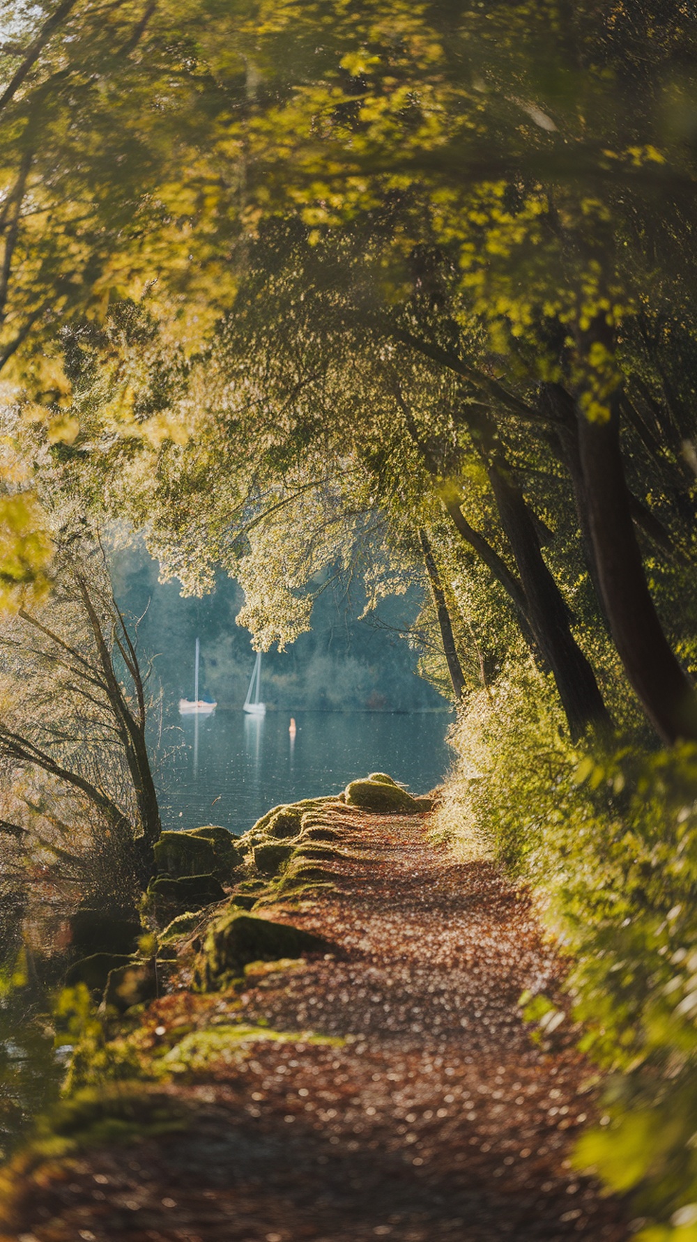 A peaceful nature path with trees and a lake in the background