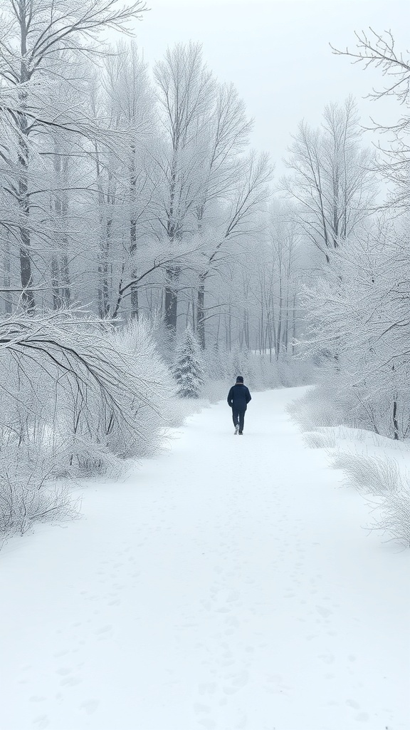 A person walking on a snowy path surrounded by frosted trees in winter.