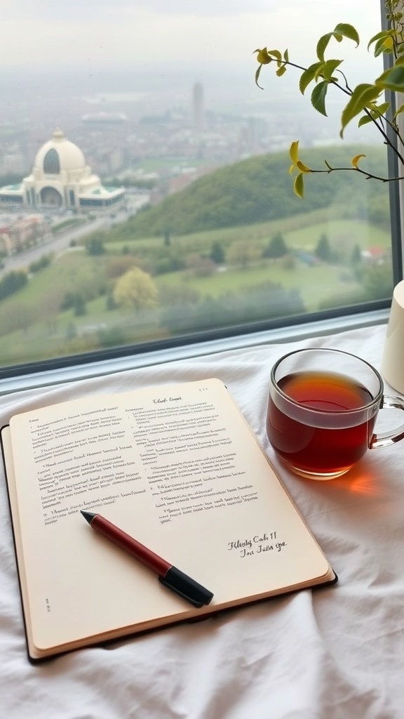 A cozy journaling setup with a cup of tea, a journal, and a pen, overlooking a scenic view.