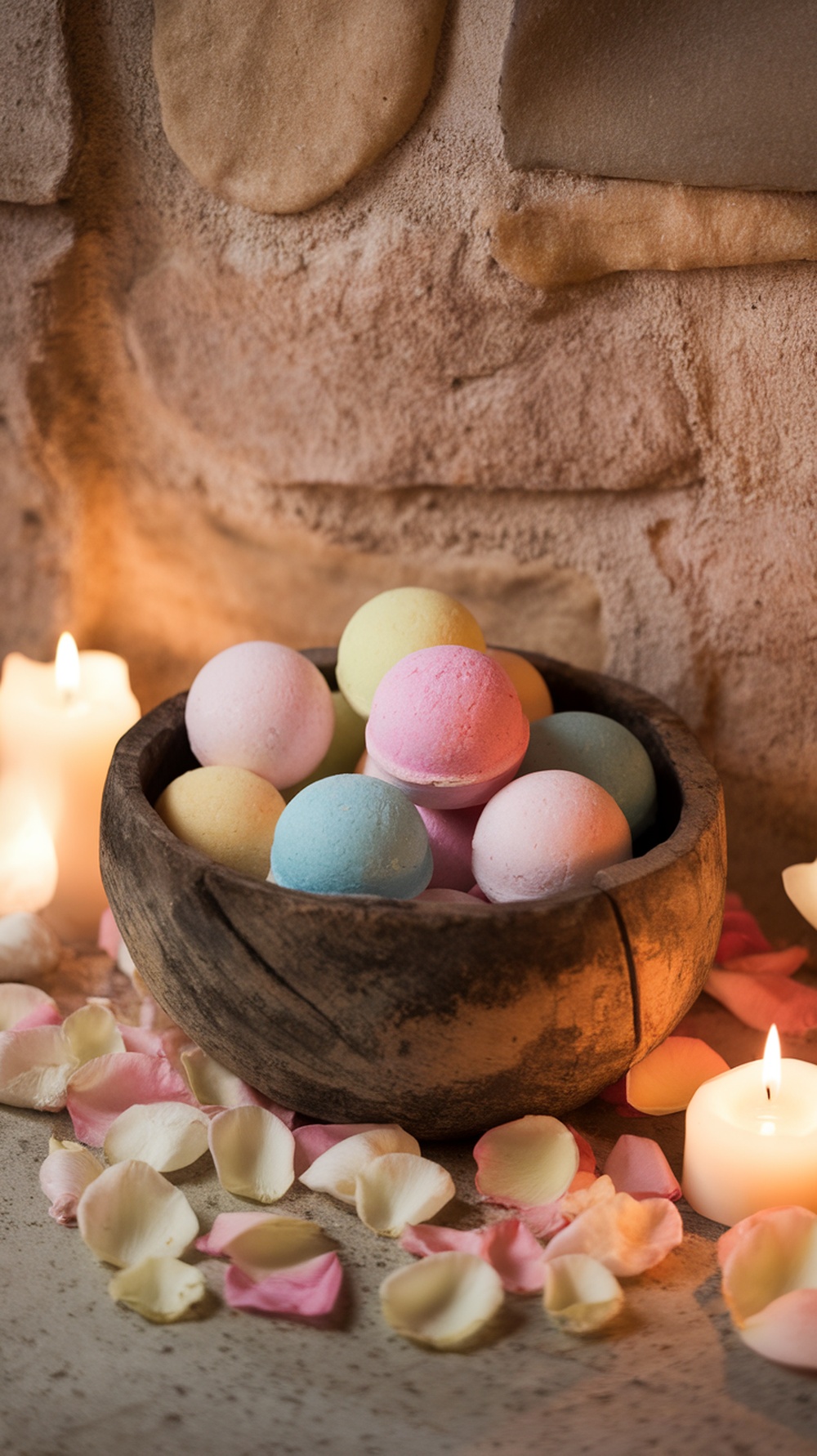A bowl of colorful bath bombs surrounded by rose petals and candles