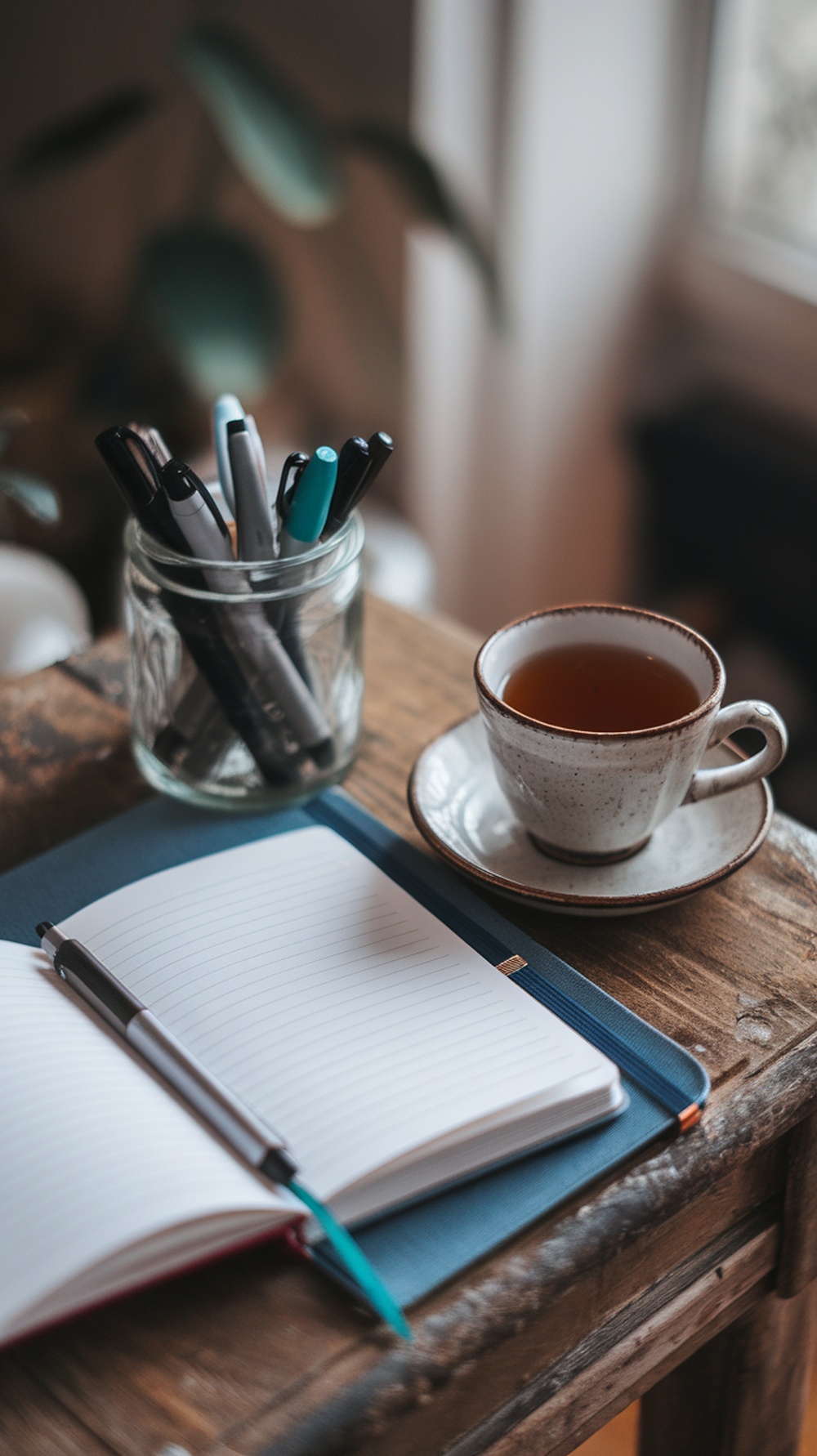A cozy journaling space with a notebook, pens, and a cup of tea on a wooden table