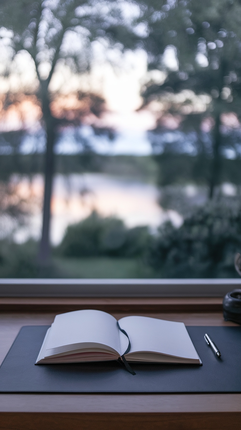 A cozy journaling space with an open notebook and a pen, overlooking a serene lake through a window.