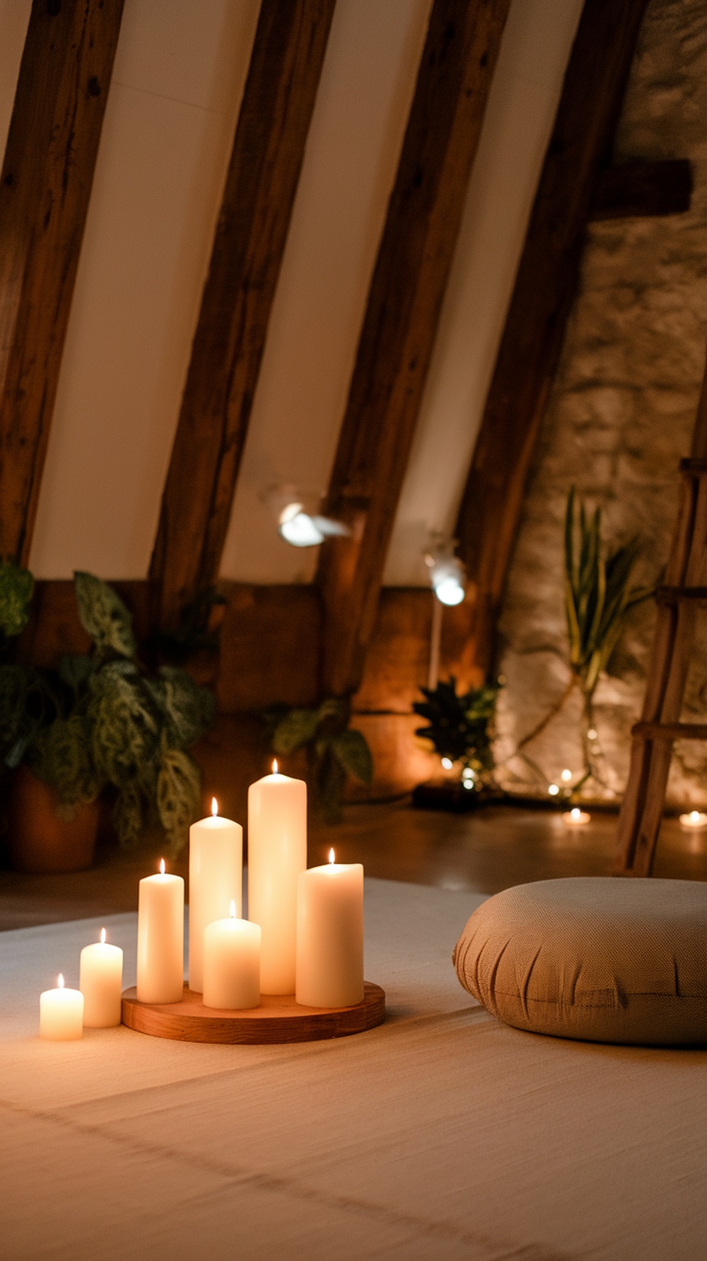 A serene meditation space with candles and a cushion, perfect for mindfulness practices.