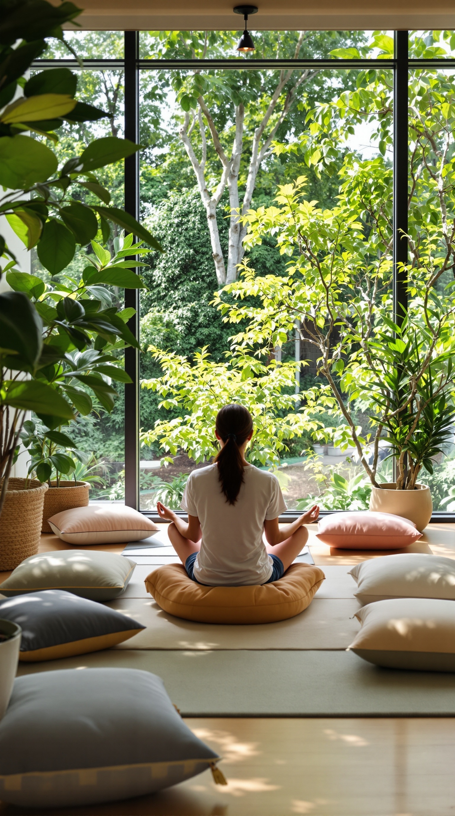 A person meditating in a serene room filled with plants and natural light