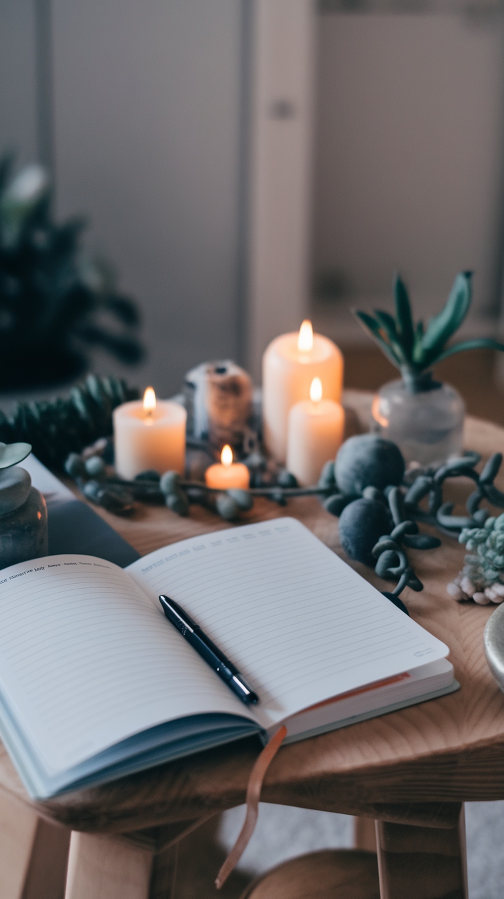 A mindfulness journal open on a wooden table, surrounded by candles and plants, creating a calming atmosphere.