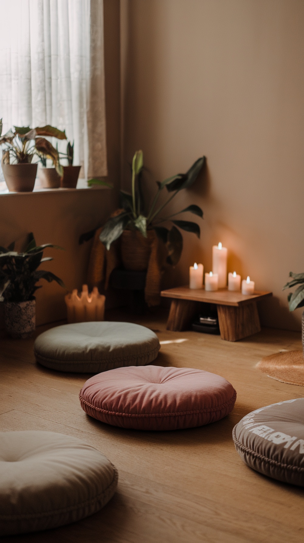 A cozy mindfulness meditation corner with cushions, candles, and plants.