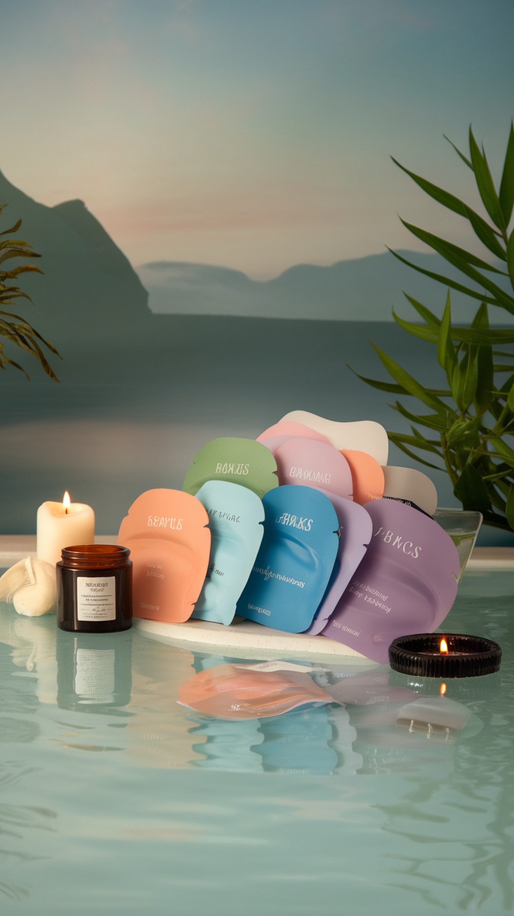12 Essential Self-Care Products for Your Hygiene Routine A collection of colorful moisturizing face masks displayed beside candles in a serene setting