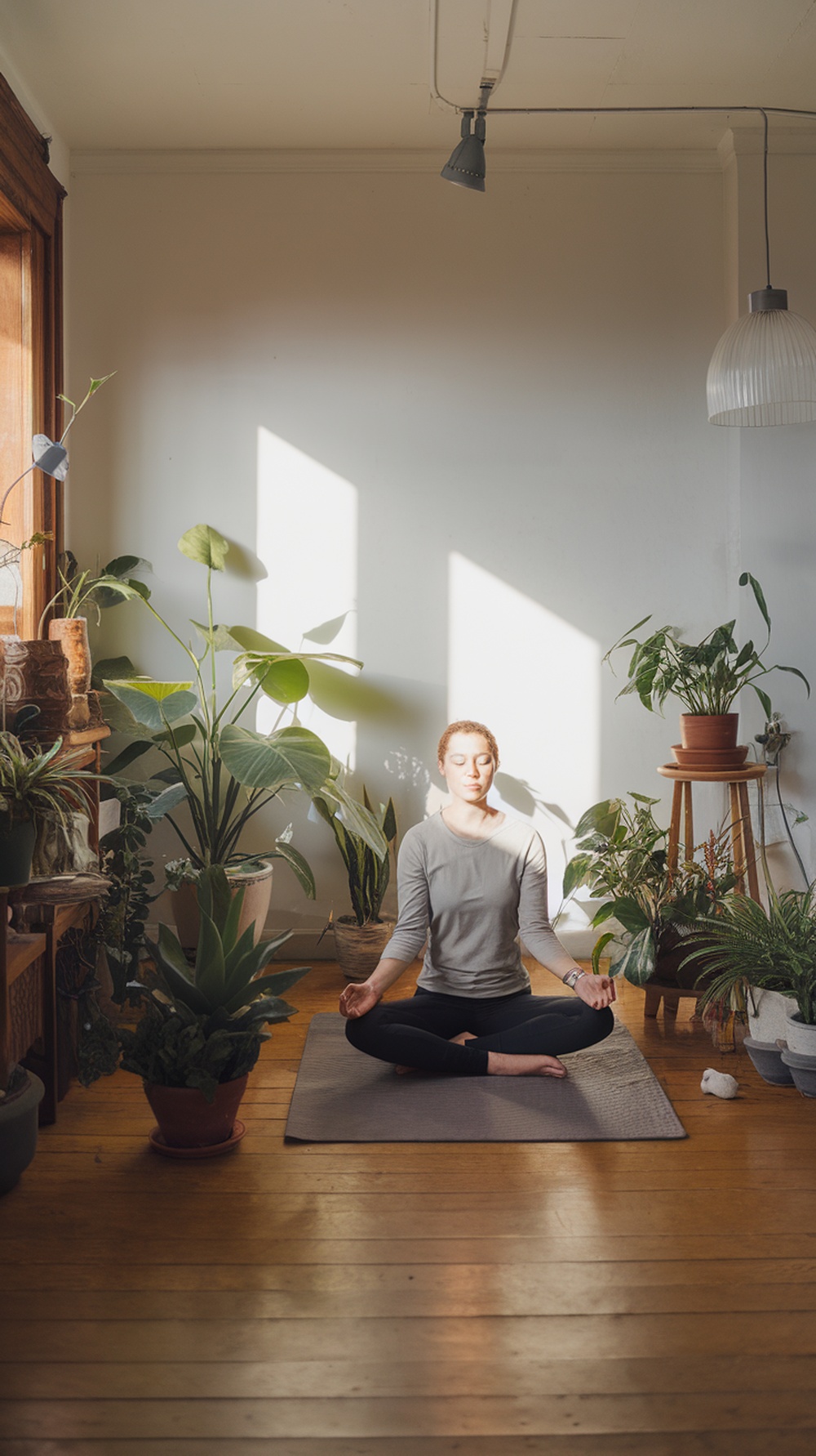 A person meditating in a sunlit room surrounded by plants.