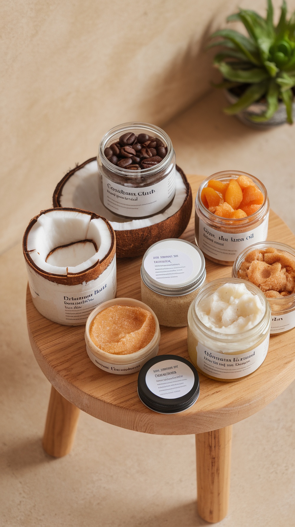 12 Essential Self-Care Products for Your Hygiene Routine A collection of natural body scrubs displayed in jars on a wooden table.