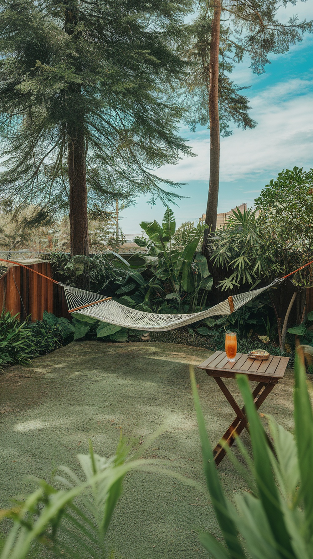 A serene outdoor retreat featuring a hammock, lush greenery, and a refreshing drink on a table