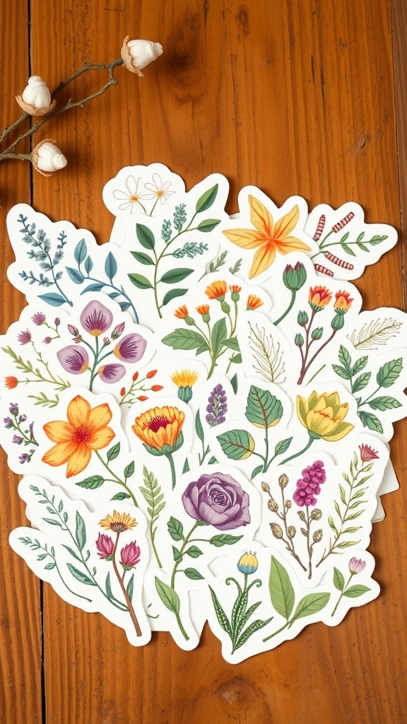 15 Must-Have Self Care Stickers for Daily Motivation A collection of colorful nature-inspired stickers featuring various flowers and leaves on a wooden surface.