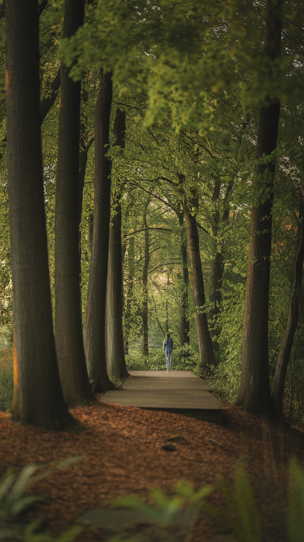 A person walking on a path surrounded by tall trees and greenery
