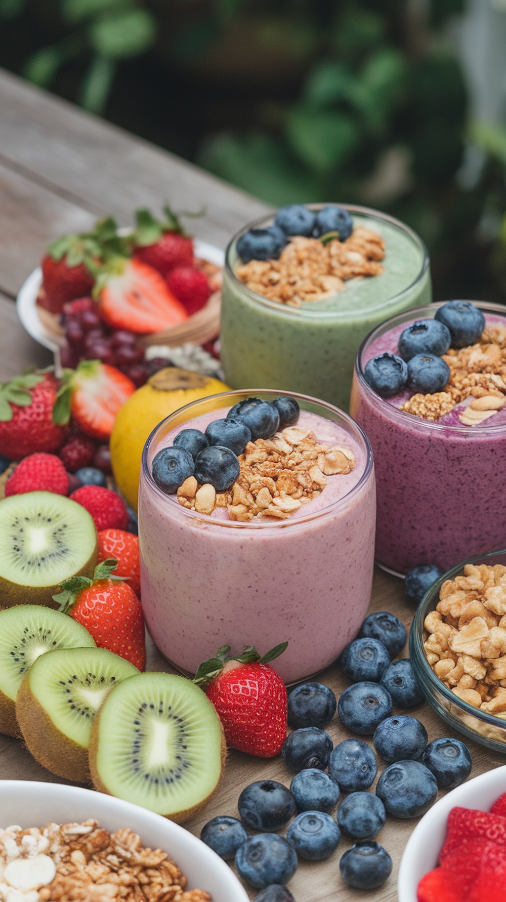 Colorful smoothie bowls topped with granola and fresh fruits