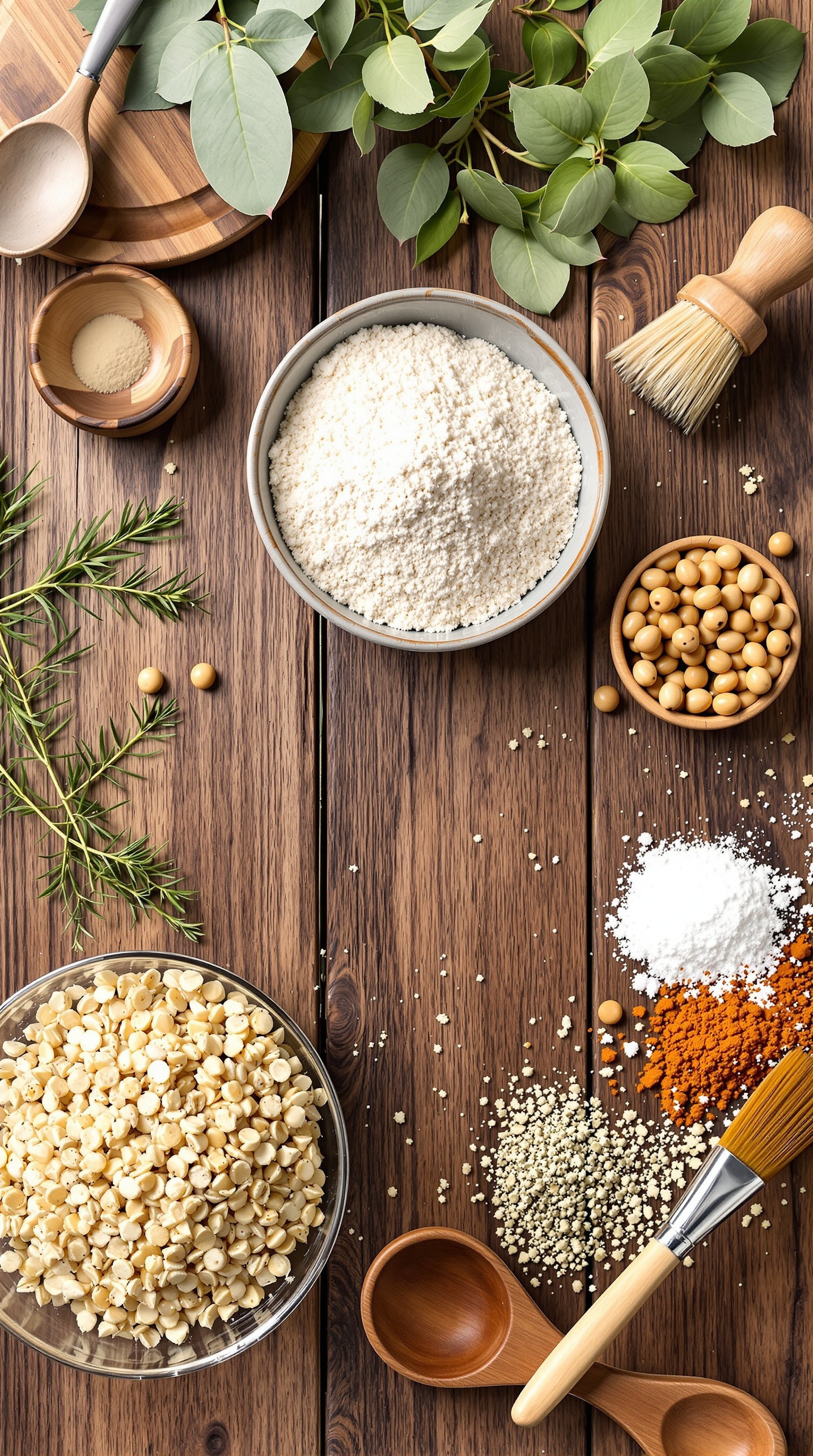 Ingredients for a DIY face mask including flour, herbs, and spices on a wooden table