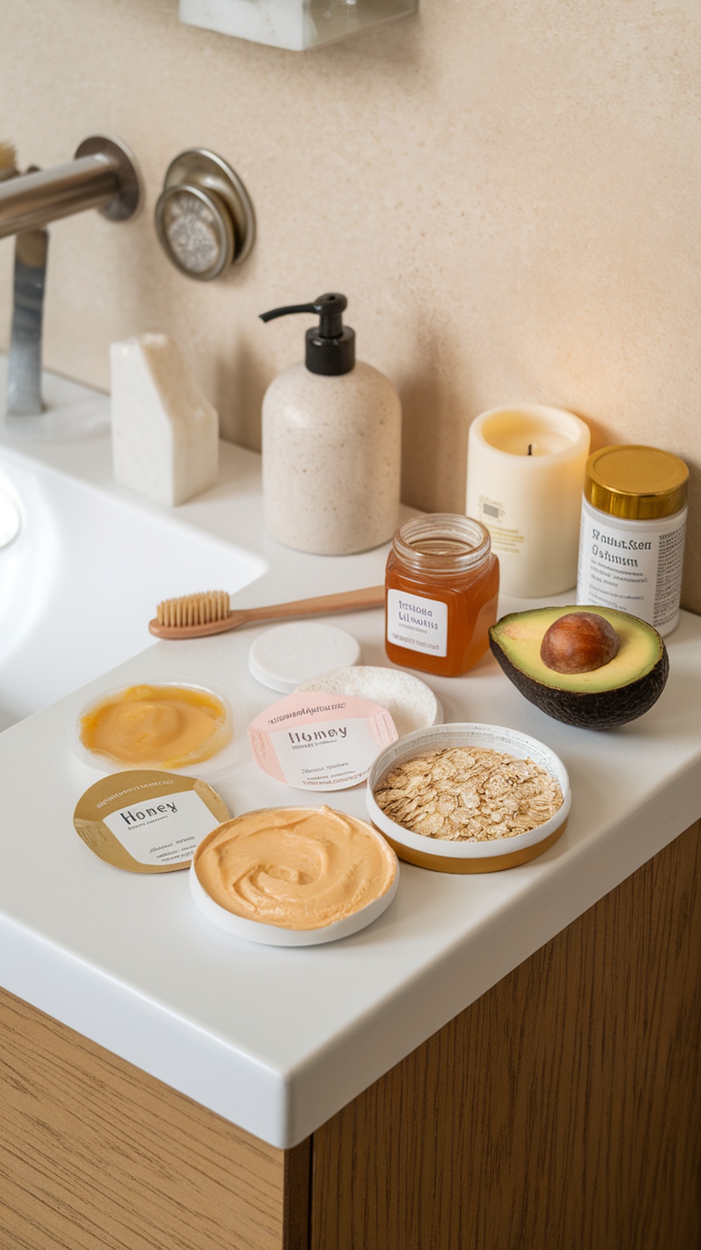 A variety of nourishing face masks displayed on a bathroom counter, including honey, oatmeal, and avocado masks.