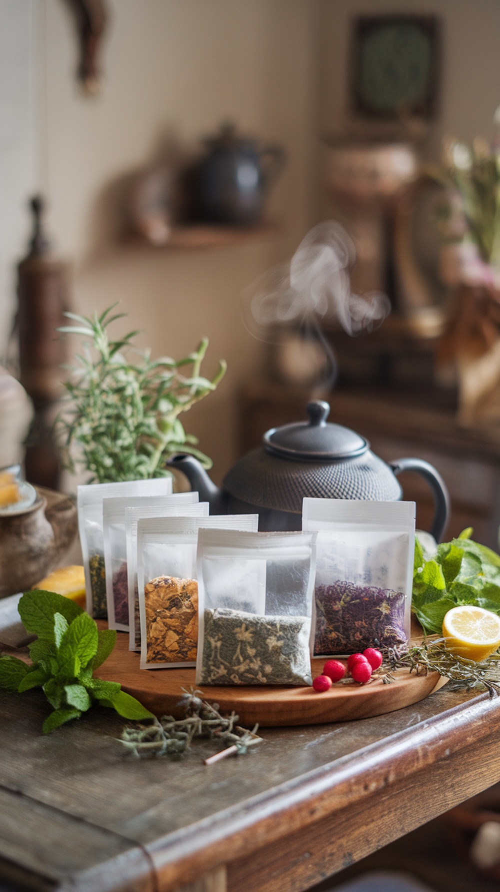 8 Ultimate Self Care Menu Ideas for a Relaxing Day A collection of herbal tea ingredients and a steaming teapot on a wooden table