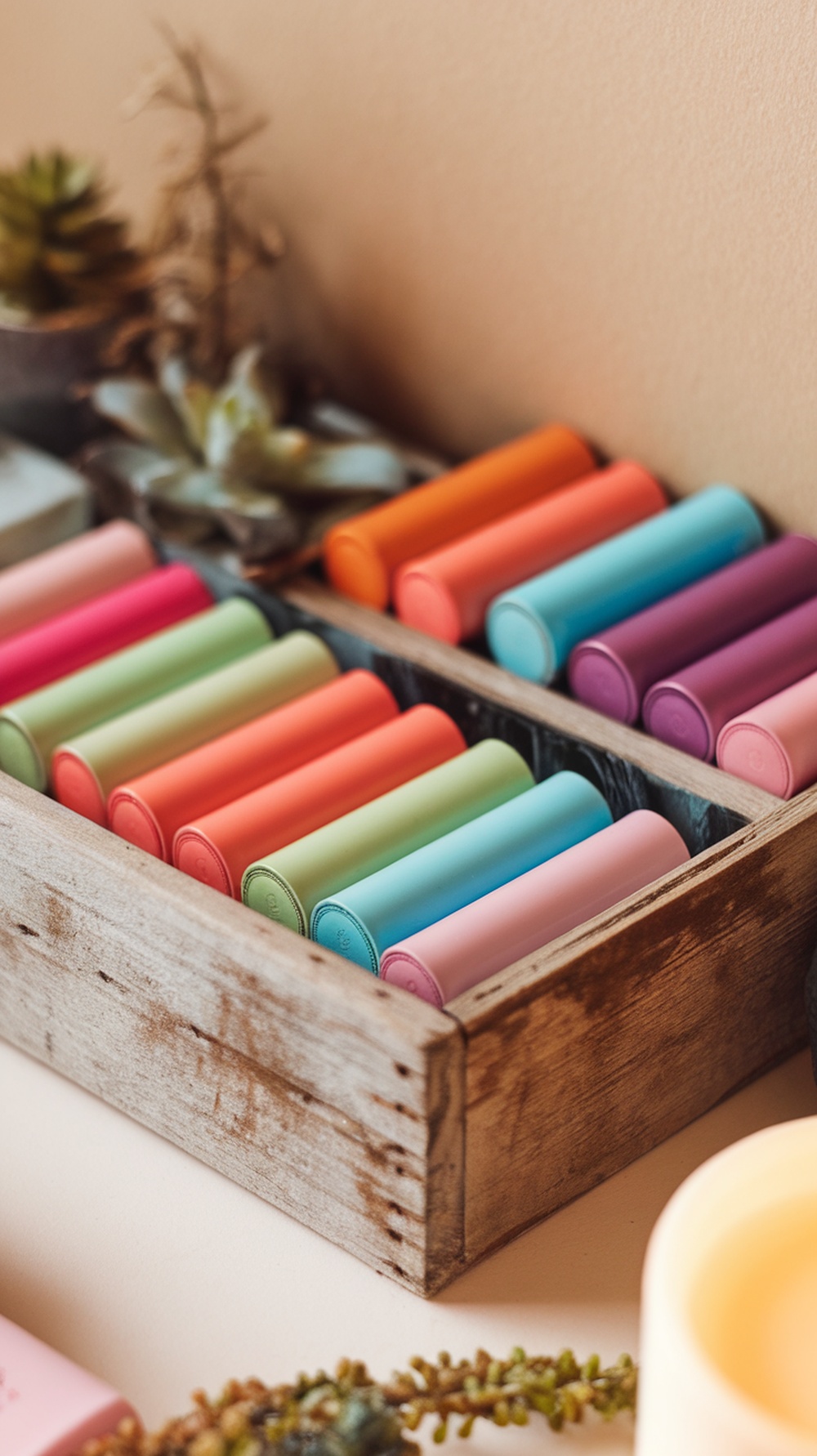 12 Essential Self-Care Products for Your Hygiene Routine Colorful collection of lip balms in a wooden box