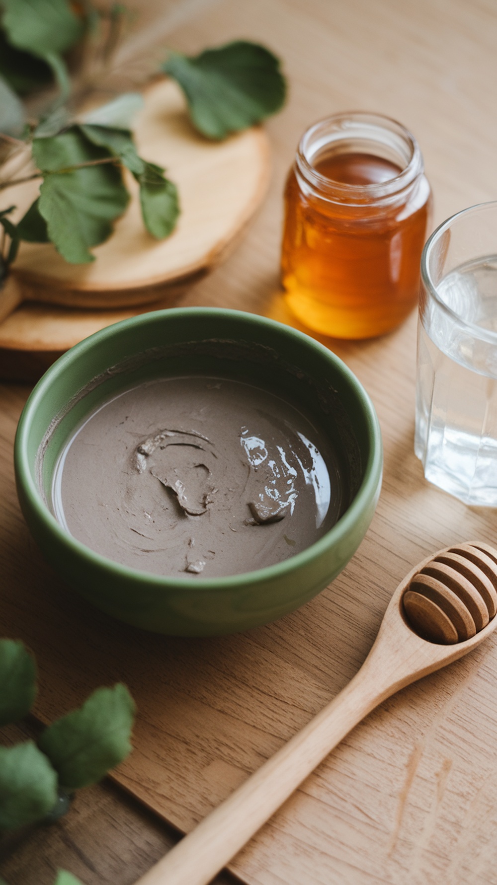 A green bowl with a creamy mask, a jar of honey, a glass of water, and some leaves on a wooden surface.