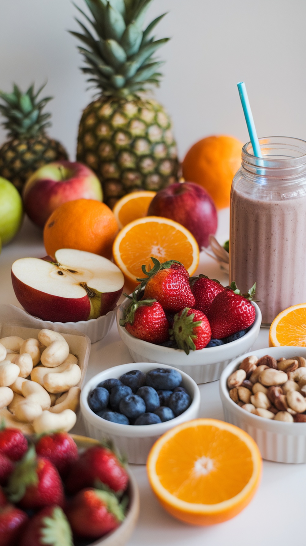 A colorful display of fruits and nuts for a nourishing snack preparation, featuring pineapples, strawberries, oranges, and a smoothie.