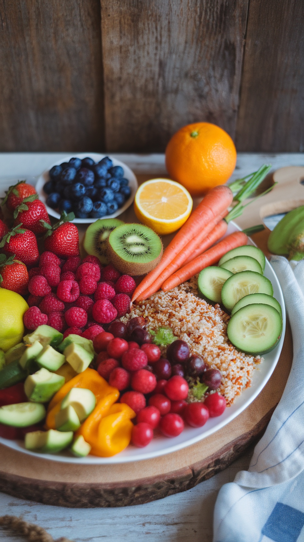 A colorful plate of fresh fruits and vegetables, including strawberries, blueberries, carrots, and cucumbers, arranged beautifully.