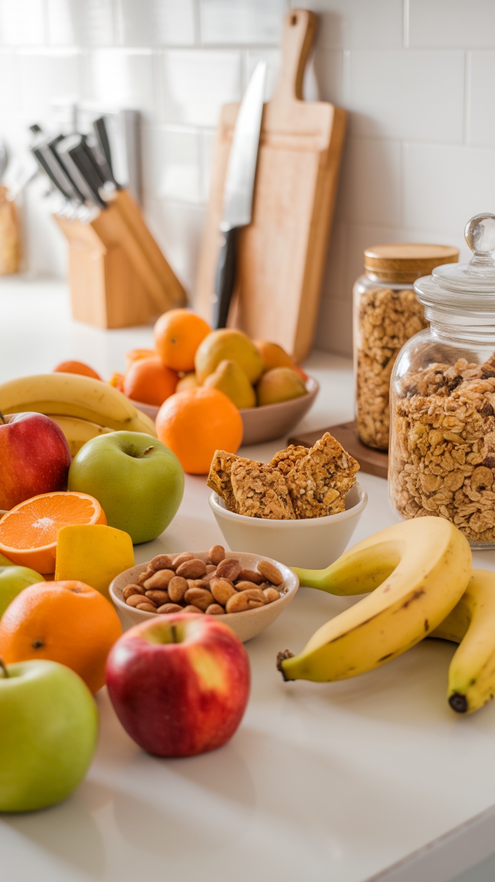 8 Ultimate Self Care Menu Ideas for a Relaxing Day A variety of healthy snacks including fruits, nuts, and granola bars on a kitchen counter.