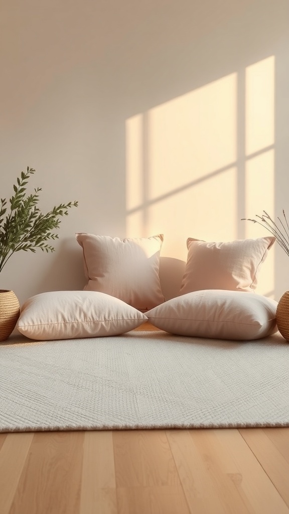 A serene meditation space with pastel pink cushions and natural elements.