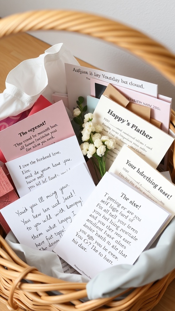 6 Essential Items for the Perfect Self-Care Birthday Basket A basket filled with colorful notes and flowers, representing personalized self-care messages.