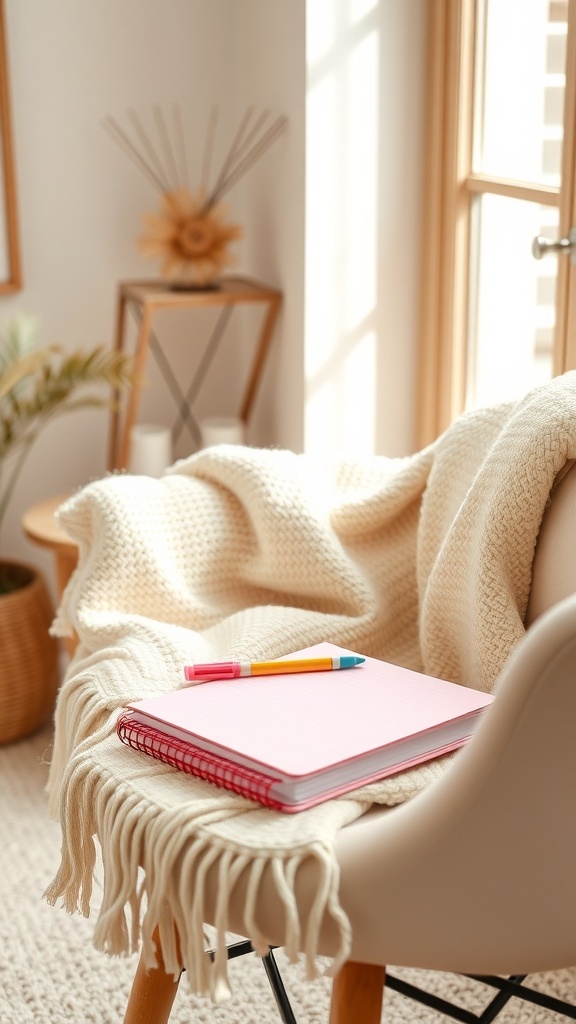 A cozy pink-themed journaling corner with a chair, blanket, and colorful stationery.