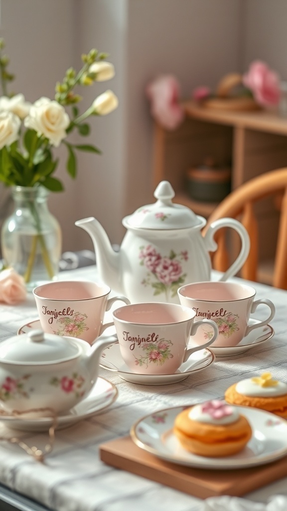 A beautifully arranged tea set with pink floral designs, featuring cups, a teapot, and pastries on a table.