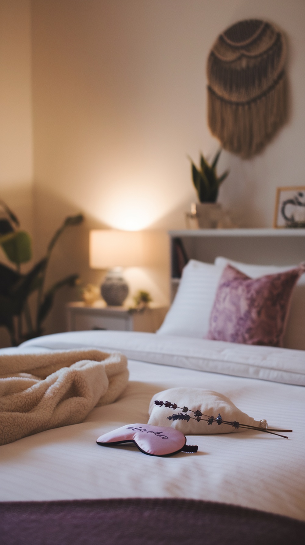 A cozy bedroom setup with a soft blanket, lavender, and a sleep mask, creating a relaxing atmosphere for quality sleep.